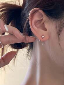 Star-Shaped Teardrop Stud Earrings, Unique Fashion Layered Earrings, Elegant High-End Earrings For Women, Christmas/Valentine's Day/Party/Gift - Silver - View 3