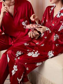 Gongdie 2 piezas Conjunto de pijama azul suave y transpirable con diseño del gato Marie de Disney, ropa de dormir para parejas - Rojo - Ver 3