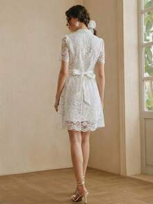 Elegant Open-Front Blazer Collar Dress With Luxurious Waist Belt And Flare Sleeve For Women White - White - View 4