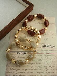 LADYCOCO 3pcs Vintage Elegant Coffee Color Acrylic Beaded Bracelet Set, Suitable For Women And Couples Daily Wear - Multicolor - View 2