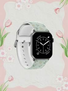 1条绿色叶子和黄白花朵图案的柔软弹性透气舒适腕带，兼容 38mm 40mm 41mm 45mm 44mm 42mm 49mm，时尚休闲多色硅胶表带，兼容 Ultra SE/9/8/7/6/5/4/3/2/1 - 彩色 - 查看 3