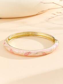 1pc Fashion New Bohemian Style Gold-Plated Leaf Pattern Enamel Cloisonne Oval Bangle Bracelet For Women & Girls - Pink - View 4