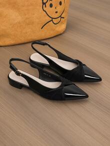 Giày cao gót đế dày màu trơn dành cho nữ, kiểu dáng thời trang mới, mũi nhọn, quai hậu hở gót, chất liệu giả da, thích hợp cho hoạt động ngoài trời, đi làm và công sở. - màu đen - Xem 5