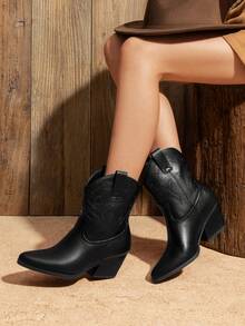 Women's Cowboy Ankle Boots Western Booties Low Heel Pointed Toe Cowgirl Boots - Toàn bộ màu đen - Xem 3