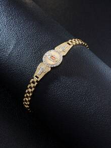 1pc High Quality 14K Gold Plated Filled Religious Virgin Mary Cross Diamond Disc Watchband Bracelet Suitable Unisex Daily Wear,Partiesn,Graduation Gift,Anniversaryn,Prayer - Gold - View 7