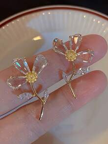 1 Pair Sweet & Gentle Style Pendant Earrings, Transparent Glass Flower Drop Earrings Suitable For Women's Balls, Banquets, Parties, Fashion Earrings - Multicolor - View 6