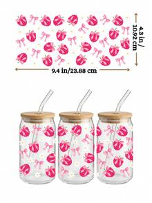4件套蝴蝶结UV DTF转印贴纸，适用于16盎司Libbey玻璃杯（9.4x4.3英寸），粉色丝带防水自粘杯贴，无需加热即可DIY马克杯和水杯贴纸 - Coquette 005 - 查看 5