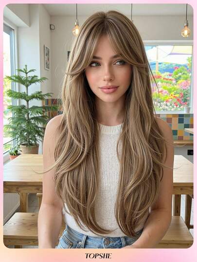 TOPSHE 24 Inch Mocha Brown Multi-Layered Natural Wavy Middle Part Synthetic Heat-Resistant Wig, Suitable For Holidays, Travel, Costume Parties, Festivals, Daily Wear, Music Festivals, Weddings, Holiday Gifts