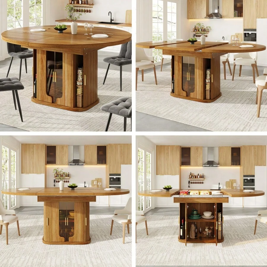 Extendable Dining Table Dining Room Table Kitchen Table Round Dining Table Extends To Oval 118-158 Cm Seats Up To 6 People Dining Table With Glass Doors Walnut - Walnut + MDF1 - View 1