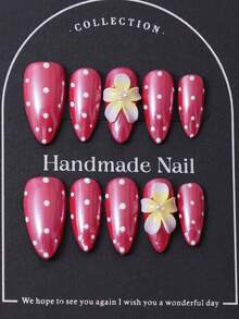 一套10片，欧美手工制作，杏仁形美甲贴纸，Y2K玫瑰色系，3D手工雕刻黄色图案，手绘波点设计，美甲装饰。内含1片果冻胶和1把指甲锉。适合日常佩戴，也适合科切拉音乐节等场合的造型，是美甲贴片和美甲护理产品的理想之选。 - 玫紅色 - 查看 2