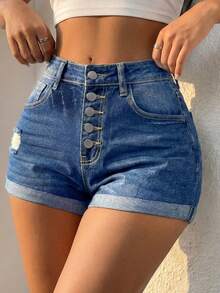 Women's Denim Shorts, Casual Rolled Hem With Cat Whisker Details At Ankle, Lightweight Patchwork Design, Summer - Blue - View 2