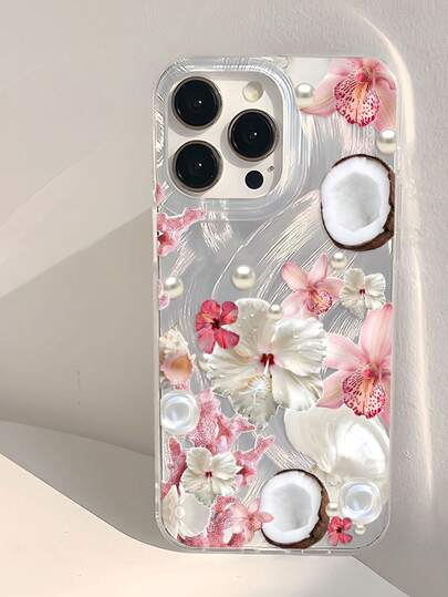 Carcasă de telefon în stil tropical, cu model de fluturi, orhidee, hibiscus, coral, nucă de cocos, scoică și perle artificiale, pentru Samsung A05, A05S, A13, A14, A15, A53, A54, A55, A56, S22, S23, S24, S25, 11, 12, 13, 14, 15, 16, 17 Pro Max