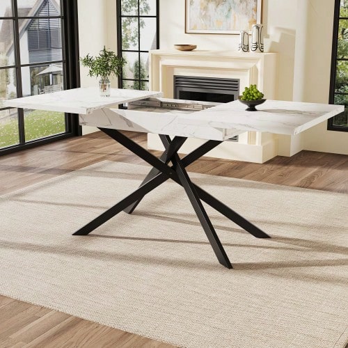 Telescopic Dining Table (120-160 Cm), Extendable Table, Space-Saving Kitchen Table, Black Iron Crossed Legs, For Kitchen And Living Room, White Marble Dining Table - White - View 1