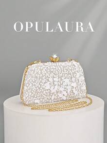 OpulAura亮片刺绣花卉盒形手拿包，女士时尚亮片拼接手提包，派对晚宴包，随机裁剪，适合女性，适合派对、婚礼、舞会、度假等场合。非常适合派对、婚礼、舞会、晚宴/宴会，可搭配节日派对礼服、晚礼服和亮片连衣裙。 - 白色 - 查看 2