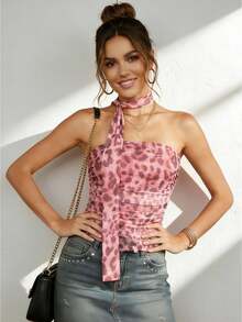 Women's Cheetah Print Tube Tops Mesh Sleeveless Strapless Leopard Slim Fit Ruched Cropped Tanks With Scarf - Pink - View 1