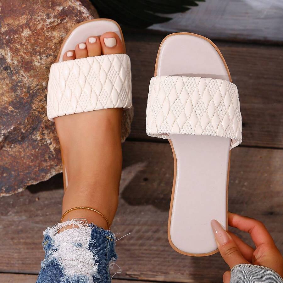 女士休闲编织圆头平底拖鞋，适合居家和户外穿着 - 米色 - 查看 1