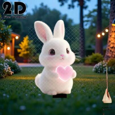 2D Flat 1pc Cute White Rabbit Holding Glowing Heart Garden Decor Stake, Outdoor Yard Garden Lawn Decoration, Ideal Gift For Friends, Garden & Lawn Decor