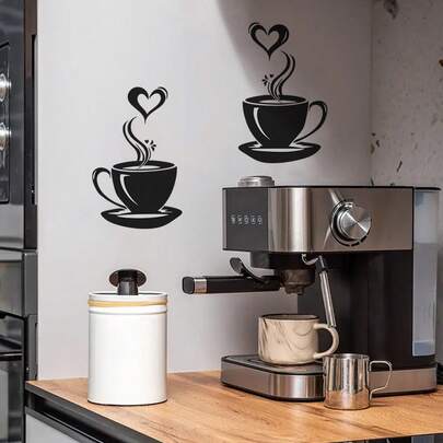 1个心形咖啡杯墙贴，自粘可移除防水装饰，适用于厨房咖啡角