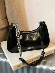 Designer Damen Mode Nische elegante tragbare Umhängetasche, schicke Crossbody Unterarm einfarbige Kette Mini Halbmond Tasche - Schwarz - Übersicht 7