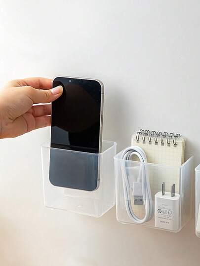 1pc Adhesive Wall Mounted Storage Box, Small Storage Box Without Drilling, Plastic Clear Organizer For Bathroom, Pantry, Kitchen, Laundry, Utility Room, Inside Of Cabinet Door - Storage Supplies