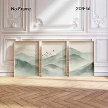 Japandi Sage Green Wall Art Set Of 3, Minimalist Japanese Mountain Landscape, Birds Zen Office Decor, Japanese Minimalist Landscape Poster For Home Decoration, No Frame - Landscape - View 1