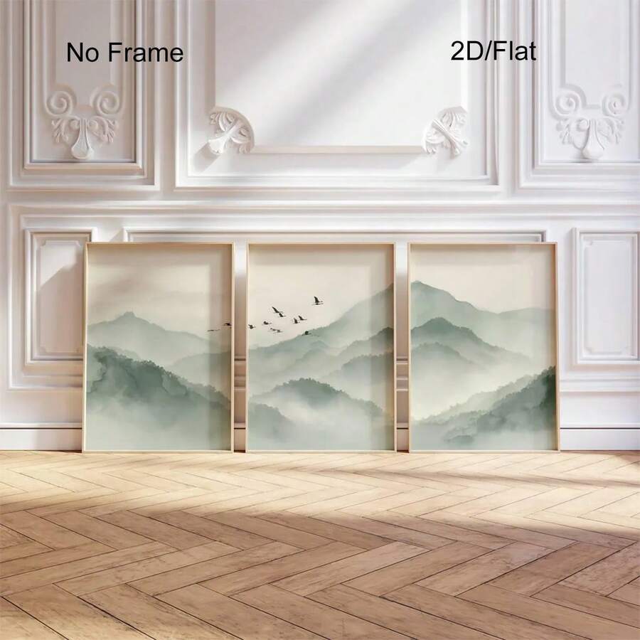 Japandi Sage Green Wall Art Set Of 3, Minimalist Japanese Mountain Landscape, Birds Zen Office Decor, Japanese Minimalist Landscape Poster For Home Decoration, No Frame - Landscape - View 1