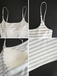 Retro Striped Camisole Top With Built-In Bra Padding, Cropped & Slim Fit, European & American Style - White Background With Black Stripes - View 8