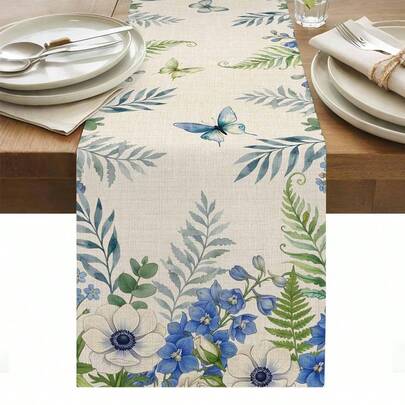 Spring Blue White Floral Butterfly Table Runner Holiday Party Decor Reusable Farmhouse Kitchen Dining Table Runner Wedding Decorations
