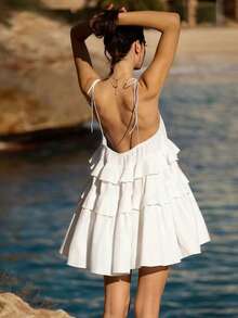 Damen Sommer halb-transparentes quadratisches Ausschnitt Urlaubs-Stil sexy Rüschen-Saum Spaghettiträger Kuchen Kleid, rückenfreies ärmelloses locker sitzendes Mini-Kleid, Sommer Outfits, Konzert Outfit für Frauen, Rave Outfits Festival, Urlaubs Outfits für Frauen Party Elegant Weiß - Weiss - Übersicht 2