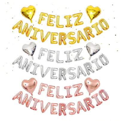 18个/套 西班牙语“Feliz Aniversario”字母气球，心形气球，适用于周年纪念、婚礼、庆典、情侣、情人节派对、求婚、新娘送礼会、周年纪念装饰