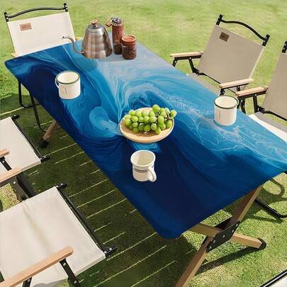 1pc Water-Resistant Outdoor Tablecloth With Elastic Edges - Ideal For Camping, Picnics And Garden Parties - Durable Polyester Fabric With Blue And White Ocean Mist Print Pattern, Suitable For Holiday Parties And Outdoor Decor, Dining Table Decoration, Outdoor Decor
