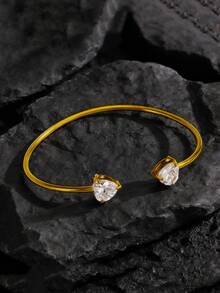 Bộ 3 vòng tay bằng thép không gỉ mạ vàng 18K hình trái tim đính pha lê, thích hợp cho nữ đeo hàng ngày, làm quà tặng ngày lễ, bộ vòng tay thời trang. - Vàng - Xem 5