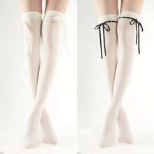 Lace-Up Bowknot JK Over--Knee Lace Socks, Summer Desire Style Thigh-High Socks, Spliced White Stockings Women, Versatile And Slimming - 白色白色絲帶 - 查看 10