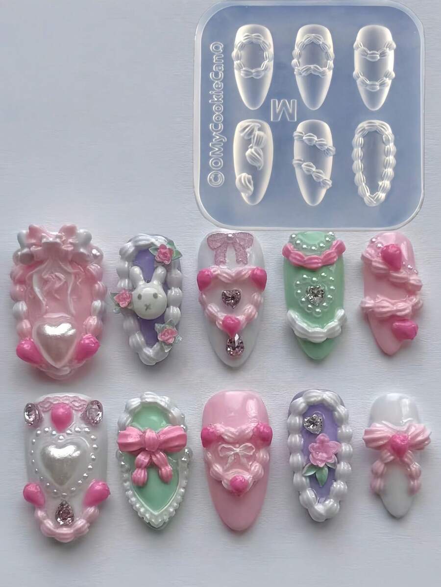 1个可爱奶油草莓蕾丝法式美甲透明硅胶指甲模具 - 無色 - 查看 1