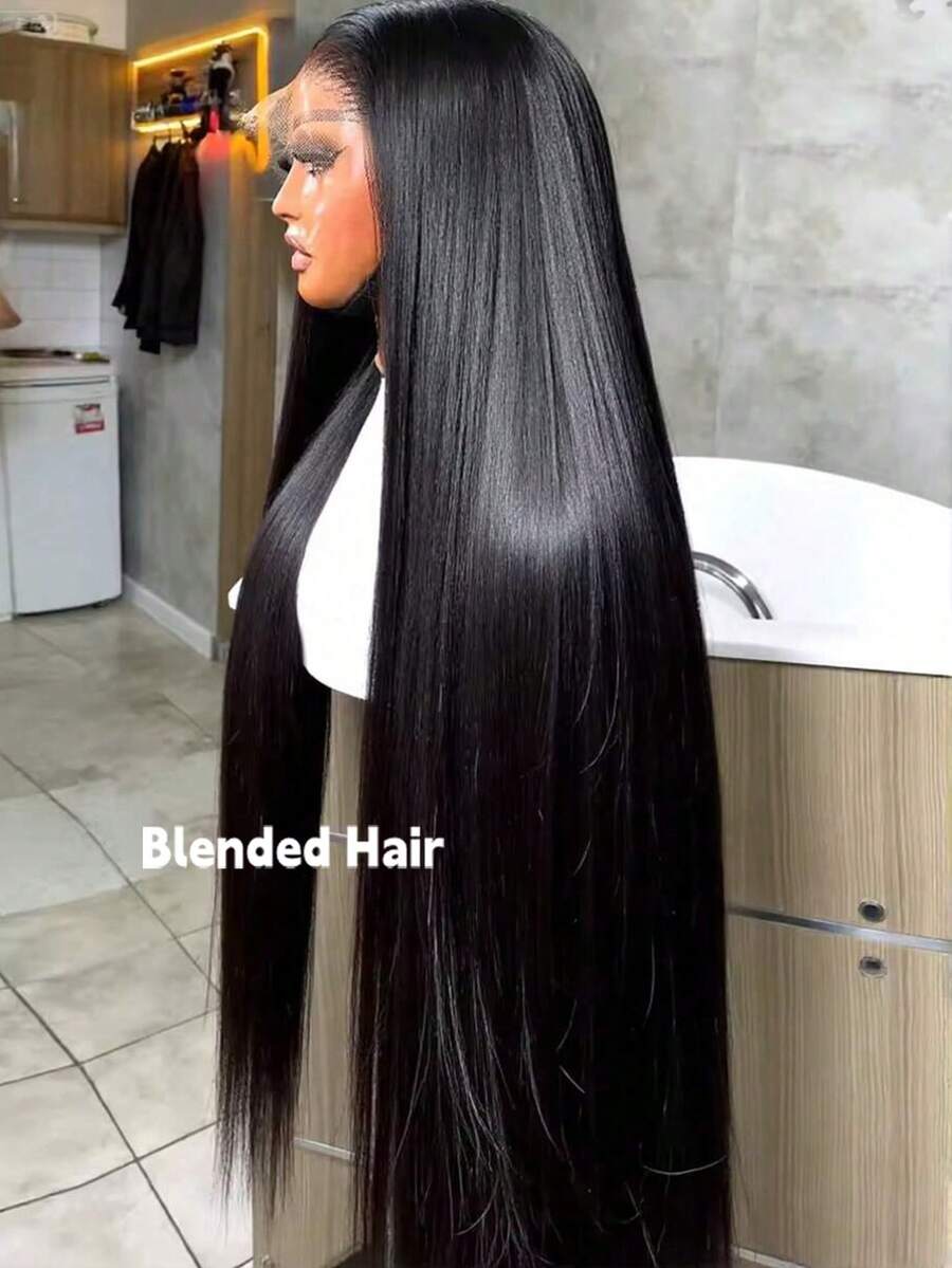 自然黑色直发假发，真人混纺发假发，13x4透明蕾丝前额假发，带婴儿发，适合女性日常佩戴的直发蕾丝前额假发，13x4巴西直发假发，情人节礼物