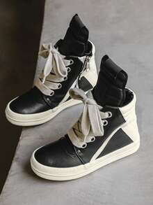 Men's Athletic And Casual Shoes, Thick Shoelaces, Round Toe, High-Top Casual Shoes, Niche Retro Platform Skate Shoes. - 黑色 - 查看 1