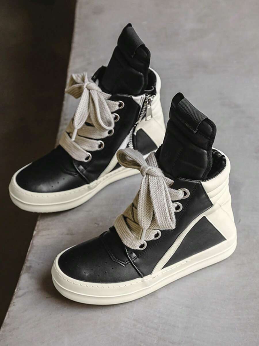 Men's Athletic And Casual Shoes, Thick Shoelaces, Round Toe, High-Top Casual Shoes, Niche Retro Platform Skate Shoes. - 黑色 - 查看 1