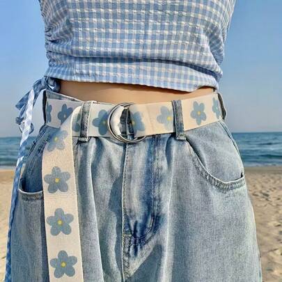 Blue Floral Canvas Belt, Casual Adjustable Flower Print Belt With Iron Buckle, Suitable For Women, Perfect For Beach, Party, Casual Wear, Dresses, All Seasons
