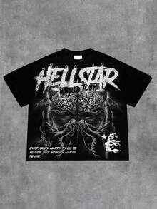 Hellstars World Tour Brain Hands Y2K Graphic T-Shirt,220g 100% Cotton,Round Neck Short Sleeve,Black Streetwear Essential For Summer Going Out,Unisex Style - Black - View 1