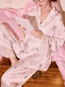 Gongdie Disney 迪士尼玛丽猫印花纯棉睡衣套装（2件套），长袖，春秋季 - 粉色 - 查看 2