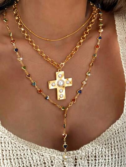 3pcs Fashionable Minimalist Elegant Bohemian Colorful Crystal Heart & Cross Multilayer Y-Necklace Set, Suitable For Women's Holiday, Party, Birthday, Daily Wear