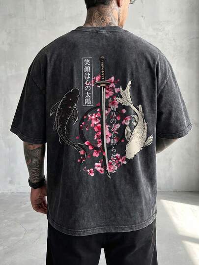 男士水洗春夏日式阴阳锦鲤武士刀印花上衣 - 黑色水洗圆领套头T恤