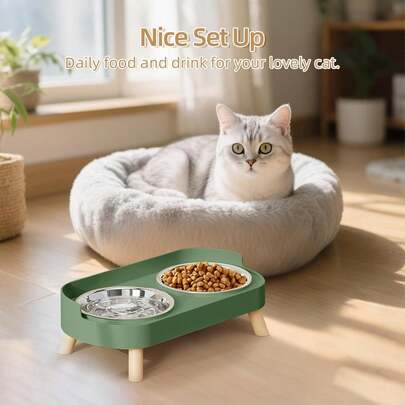 1pc Stainless Steel New Cat & Dog Dual Bowl Raised Feeder, Integrated Elevated Stand Design For Easy Cleaning & Disassembly, Multiple Colors Available