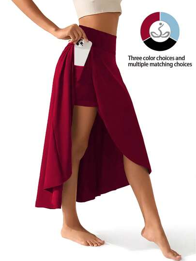 Women's High Waist Sports Skirt With Built-In Shorts Pocket - Non-See-Through Stretchy Athletic Skort, No Belt Needed, Suitable For Yoga, Running, Dancing, Fitness, Etc. - All Season Sports Wear, Black/Solid Color, Dance Outfit, Easy-Care Fabric Summer