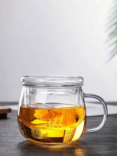 一套玻璃茶杯，带滤网和盖子，380毫升/12.85盎司，玻璃茶杯带滤网，可用于冲泡柠檬汁、水、茶、咖啡、果汁，四季皆宜，返校季饮具