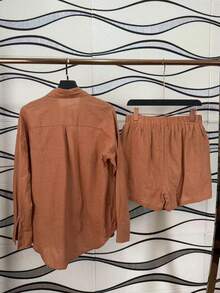Two-Piece Linen Shirt And Shorts Set, Lined With Elastic. Summer Vacation: Perfect For Celebrating Christmas, New Year's Eve And New Year In Brazil! - Màu Cam cháy - Xem 3