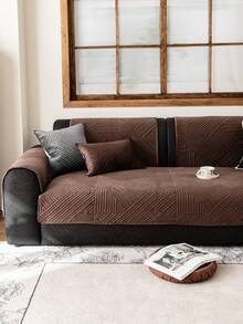 1件刺绣毛绒沙发靠垫套，纯色几何线条花卉图案，防滑防刮，四季皆宜，易于清洁，节日及家居装饰，适用于1/2/3/4人沙发 - 棕色 - 查看 4