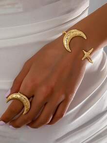 1 pieza Anillo de diseño de media luna metálica de moda, luna curva linda, versátil para uso diario, festivales, serie de joyas de estrellas y lunas, personalizado, estilo europeo y americano, accesorio con vibra de hip-hop callejero, regalo sencillo pero elegante - Amarillo Oro - Ver 11