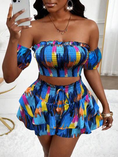 Conjunto casual de 2 piezas para mujer con mangas cortas y hombros descubiertos en colores contrastantes, para verano