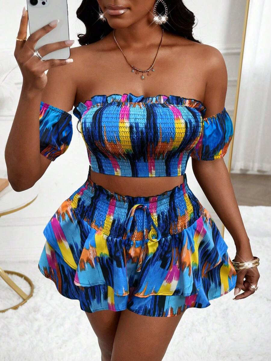 Women's Color Block Print Off-Shoulder Short Sleeve Casual 2 Pieces Set,Beach Set,Beach Vacation Outfits,Going Out Set,Summer Holiday Outfits - Multicolor - View 1